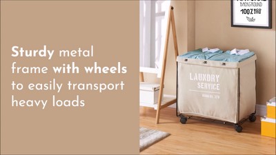 Beige Canvas Collapsible Laundry Hamper with Wheels and Iron Frame