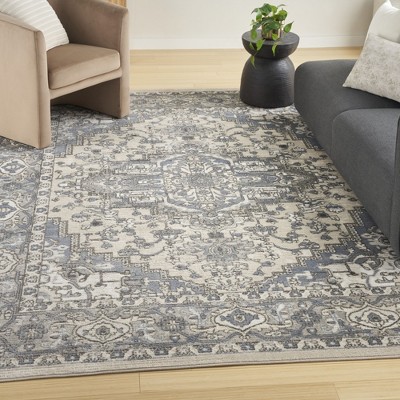 Ivory Blue Rectangular Persian Design 9' x 12' Synthetic Area Rug