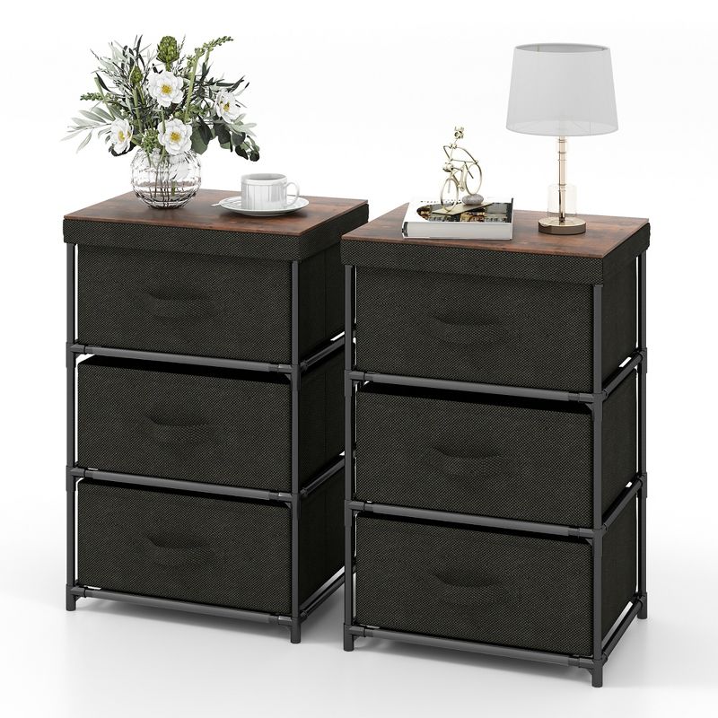 Tangkula 2PCS Fabric Bedside Table 3 Drawers Nightstand Small Dresser Bedroom Living Room, 1 of 11