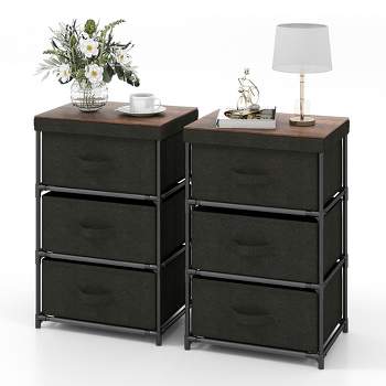 Tangkula 2PCS Fabric Bedside Table 3 Drawers Nightstand Small Dresser Bedroom Living Room