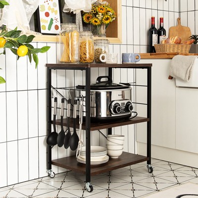 Nut Brown 3-Tier Kitchen Cart with Hooks and Wheels