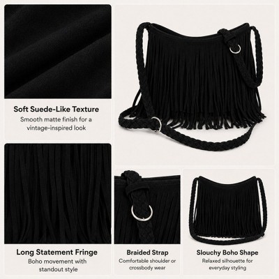 Alilang Women's Fringe Crossbody Bag Black Suede Look Boho Shoulder Purse with Braided Strap - Black — фото 4