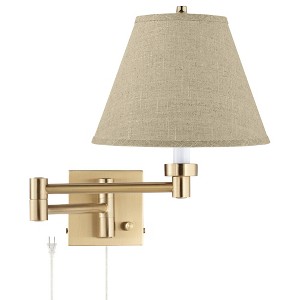 Barnes and Ivy Alta High Modern Wall Lamp Light Fixture Mount Bedroom Bedside Living Room Plug-In Cord Swing Arm Warm Gold with Burlap Empire Shade - 1 of 4