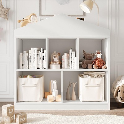 Toy Storage Organizer 5-Cubby Kids Bookshelf White Bookcase Toddlers Playhouse Cabinet Shelf