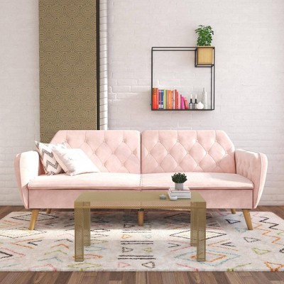 Pink Tufted Faux Leather Twin Sleeper Sofa with Memory Foam
