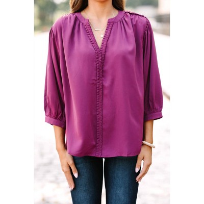 Women's Ruffle V-Neck Blouse with Braided Hem - entro