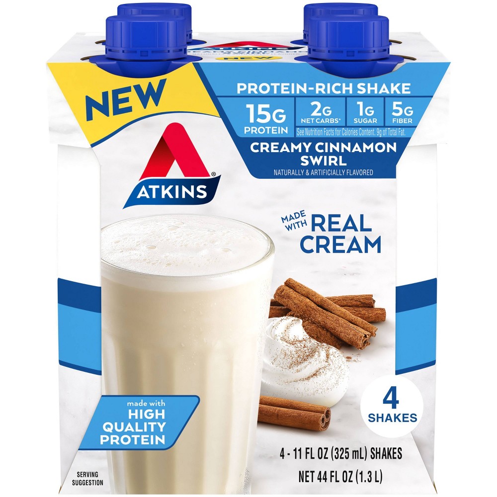 Atkins Cinnamon Swirl Non-Caffeinated Nutritional Soy Protein Shakes - 44 fl oz/4pk: 15g Protein Per Serving, Ready to Drink