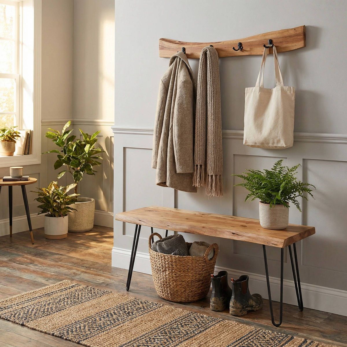36" Hairpin Live Edge Wood Bench with Coat Hook Set Natural - Alaterre Furniture - thumbnail 4