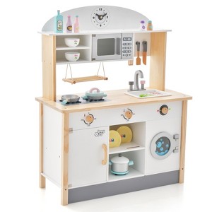 Costway Kids Play Kitchen Set Wooden Pretend Toy w/Microwave Oven & Cooking Accessories - 1 of 4