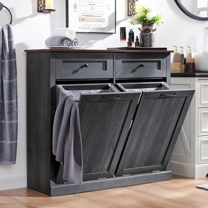 SinCiDo Double Tilt Laundry Basket Cabinet,Hidden Trash Can Cabinet Laundry Storage Basket,20 Gallon Farmhouse Trash Can Cabinet w/2 Drawers - 1 of 4
