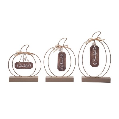 Transpac MDF Natural Cut Out Pumpkin with Tag Detail - Decorative Metal Object for Fall and Halloween Decor