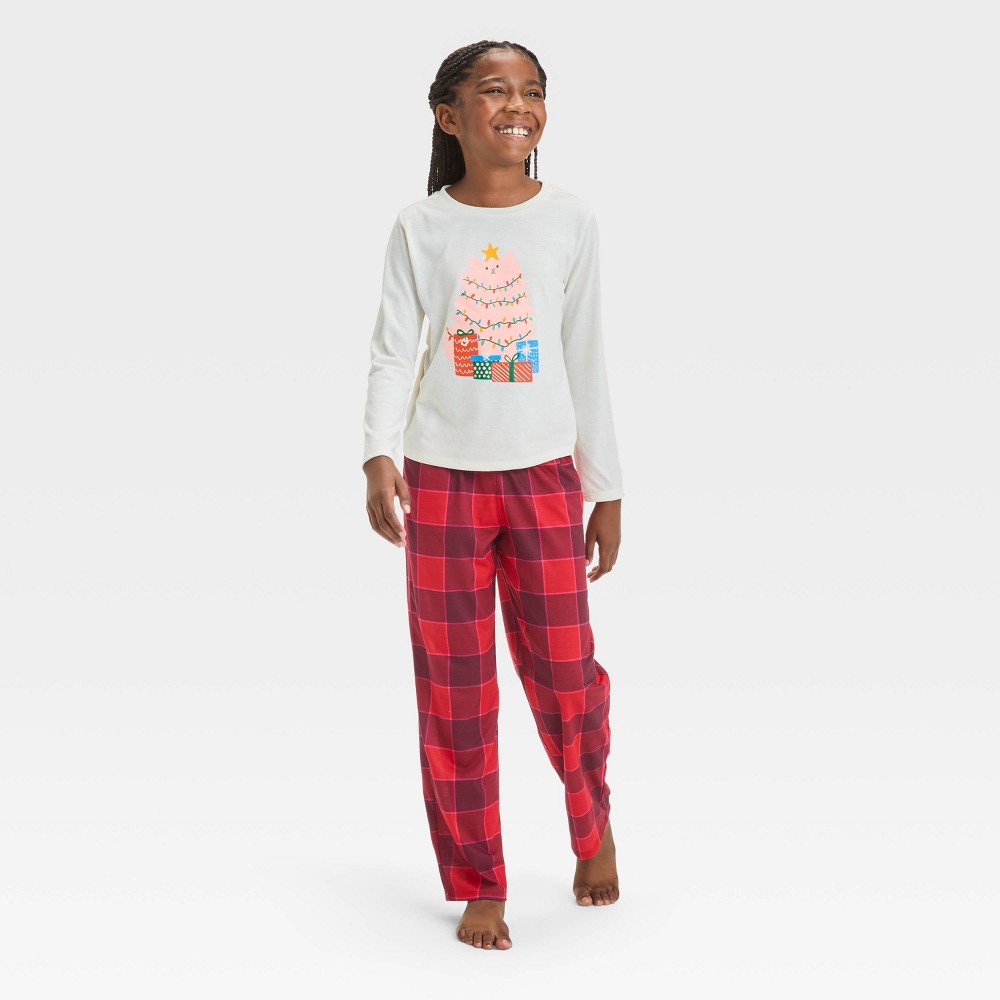 Photos - Other Textiles Girls' 2pc 'Holiday Cat' Long Sleeve Pajama Set - Cat & Jack™ Red/Cream XS