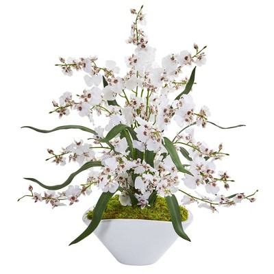 Nearly Natural 21-in Dancing Lady Orchid Artificial Arrangement in White Vase