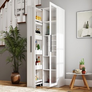 YOOCOZZ Kitchen Pantry Cabinet with Multi-functional Pull-out Multi-tier Storage Shelf and Glass Doors-White - 1 of 4