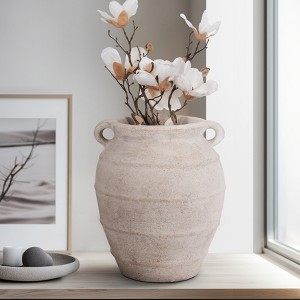 Vase Pottery Terracotta Double Handle for Home Office Bedroom Living Room Casual Decor - 16" Ivory & Tan - 1 of 4
