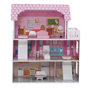 Angel Sar 3 Story Dollhouse Playset with Furniture, Multi-Room Doll Cottage for Girls Aged 3+, Wooden Doll House for Role Playing Games - 1 of 4