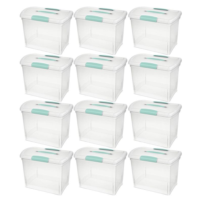 Sterilite Large Nesting ShowOffs, Stackable Small Storage Bin with Latching Lid and Handle, Plastic Container to Organize Office Files, Clear, 12-Pack, 1 of 7