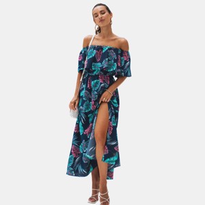 Women's Green & Orange Tropical Floral Off-Shoulder Flounce Bodice Maxi Dress - Cupshe - 1 of 4