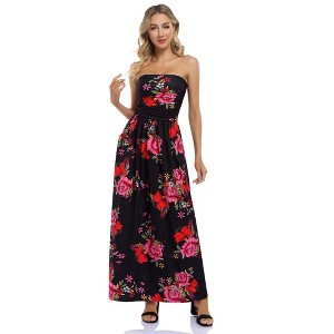 Women Strapless Floral Print Bohemian Boho Maxi Dress Casual Off Shoulder Beach Party Dress with Pockets - 1 of 4