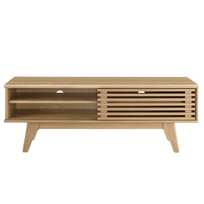 Modern Oak 48" TV Stand with Slatted Cabinet and Tapered Legs