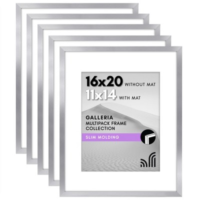 Americanflat 16x20 Picture Frame with Polished Plexiglass - Set of 5 - 11x14 with Mat or 16x20 Without Mat - Galleria - Picture Frames - Silver