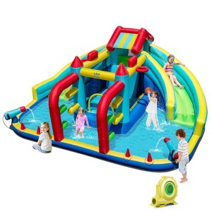 Costway Inflatable Water Park with Climbing Wall Splash Pool Water Cannons Blower - 1 of 4