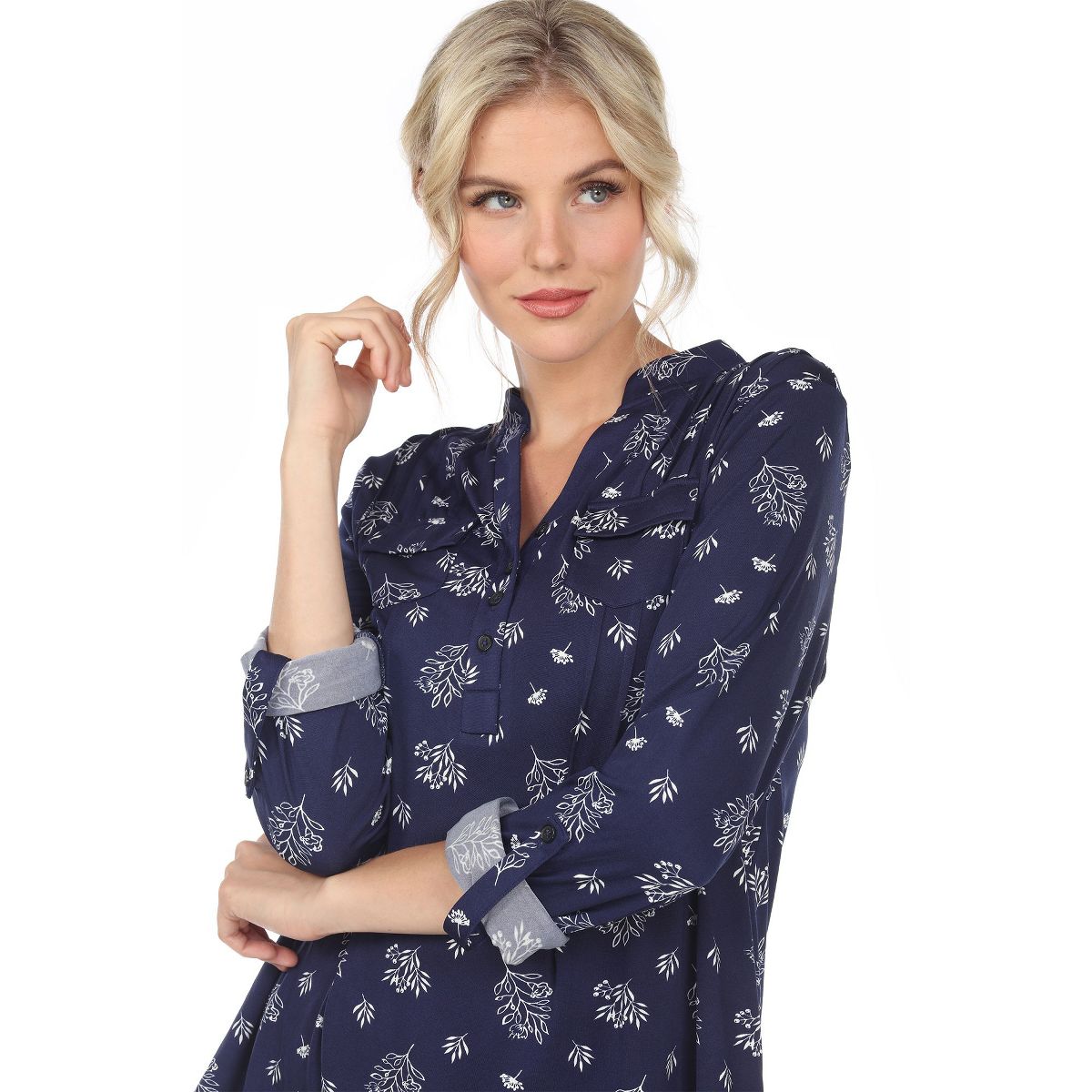 Women's Pleated Long Sleeve Leaf Print Blouse - White Mark - thumbnail 10
