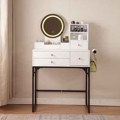 Okak 47" Vanity Desk with Large Mirror, Dressing Table Set with Charging Station, Makeup Vanity with 5 Drawers and Cabinet for Bedroom