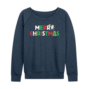 Women's - Peanuts - Merry Christmas Stacked Lightweight French Terry Wide Neck Long Sleeve Shirt - 1 of 4