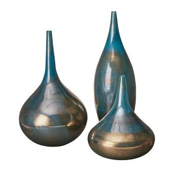 LIVN CO. Elegant Blue & Bronze Vases Set of 3