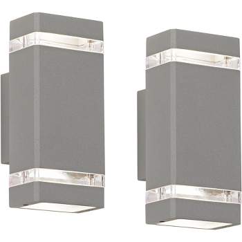 Possini Euro Design Skyridge Modern Outdoor Wall Light Fixtures Set of 2 Matte Silver Up Down 10 1/2" Clear Glass for Post Exterior Barn
