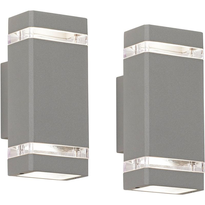 Possini Euro Design Skyridge Modern Outdoor Wall Light Fixtures Set of 2 Matte Silver Up Down 10 1/2" Clear Glass for Post Exterior Barn, 1 of 10