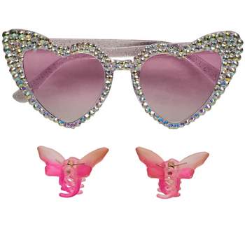 Willow & Ruby Kid's Fun Sunglasses with Hair Clip Set for Girls - Sunnies & Claws in Purple Glitter & Butterfly Hair Claws