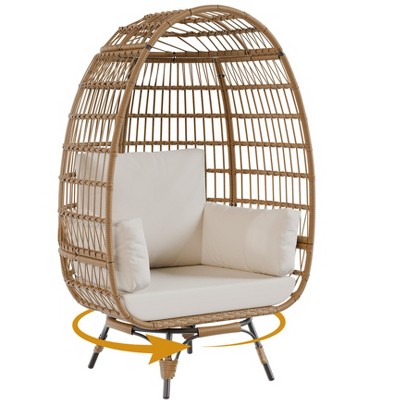 360Swivel Egg Chair, Patio Rotating Rattan Egg Basket Chair with Steel Frame and 4 Cushions, Heavy-Duty Wicker Chair for Porch, Backyard