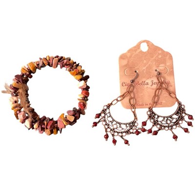Mookaite Wrap Bracelet and Copper and Crystal Chandelier Earring Jewelry Set