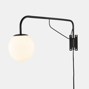 Claxy Modern Black Plug in Swing Arm Wall Lamp with On/Off Switch Wall Sconce Milky Globe Glass Shade for Bedroom - 1 of 4