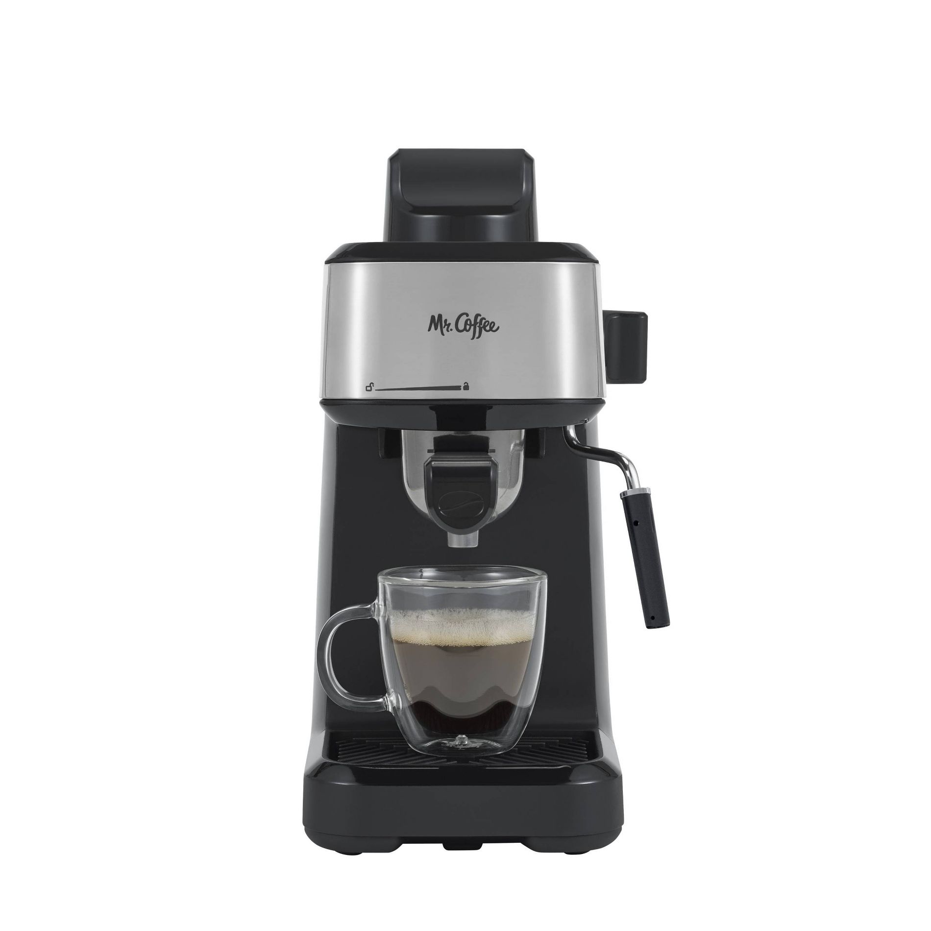 Mr. Coffee Steam Espresso Maker with Stainless Steel Frothing Pitcher: 900W Electric, 8-Cup Capacity, Black