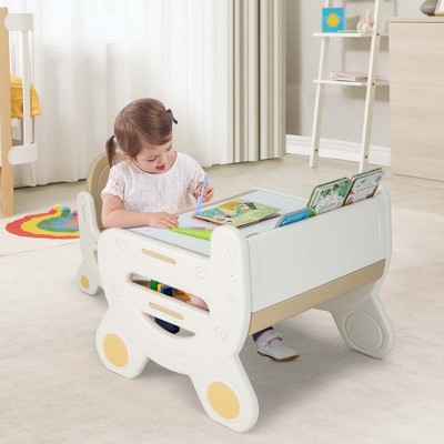 Kids Beige and White Drawing Table and Chair Set with Storage