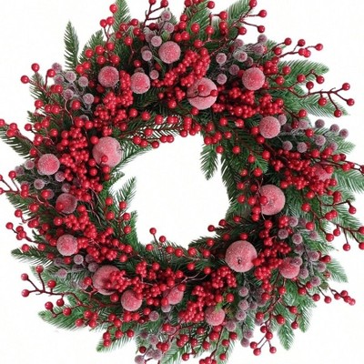 24 Inch Wreath with Red Sugar Apples and Berries for Front Door Christmas Decor Indoor Outdoor Winter Berry Wreath Red Green Color