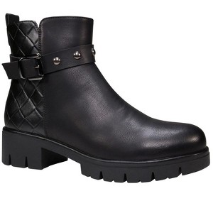GC Shoes Georgia Black 6 Buckle Studded Strap Croc Block Heel Ankle Boots - 1 of 4