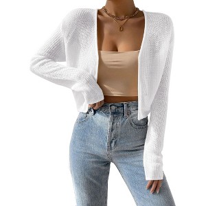 Coolmee Women's Fall Cropped Cardigan Long Sleeve Fashion Cute Bolero Shrug Chunky Knit Cardigan Sweater M Extra White - 1 of 2