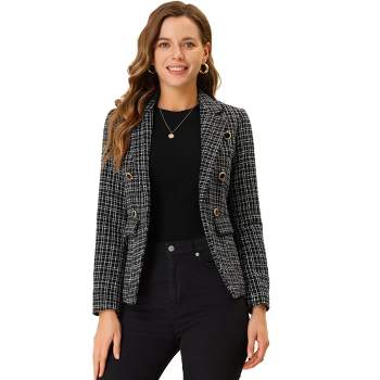 Allegra K Women's Elegant Long Sleeve Open Front Buttons Decor Plaid Tweed Blazer