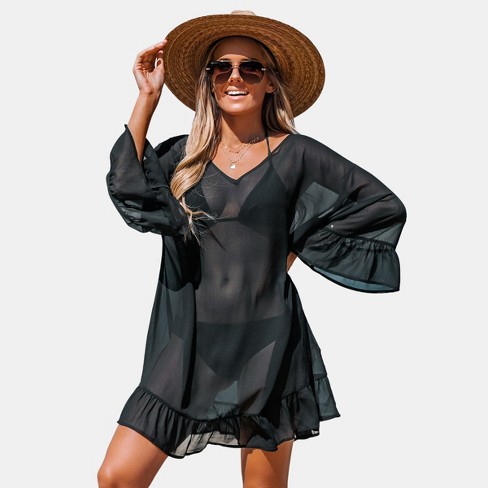 Women's Ruffled V-neck Long Sleeve Cover-up Dress - Cupshe-s-black : Target