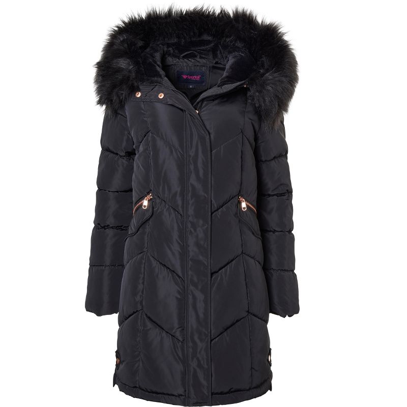 Sportoli Women Quilted Long Winter Coat Fur Trim Plush Lined Hood Puffer Jackets, 4 of 5