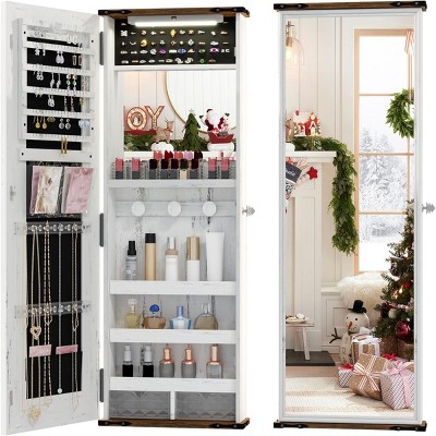 GlasFlength Full Length Mirrors Mirror Jewelry Cabinet Lockable Jewelry Armoire 2 Drawers for Living Room, White, 16.14"*5.71"*42.52"
