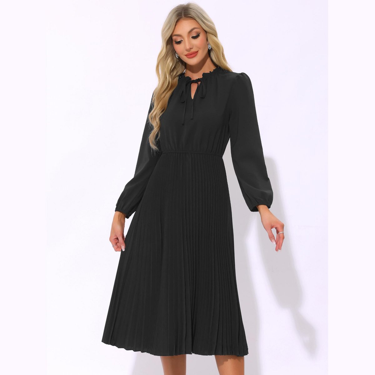 Женские платья INSPIRE CHIC Women's A-Line Flowy Long Sleeve Tie V Neck Pleated Midi Dress Black Large — фото 4