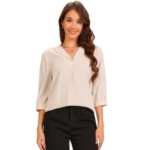 Allegra K Women's 3/4 Sleeve Ruched V Neck Casual Collar Relaxed Blouse - 1 of 4