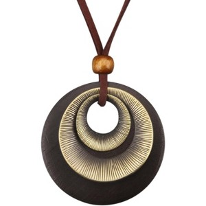 Leather and Wood Necklace Chunky Circle Pendant Boho Jewelry for Women - 1 of 4