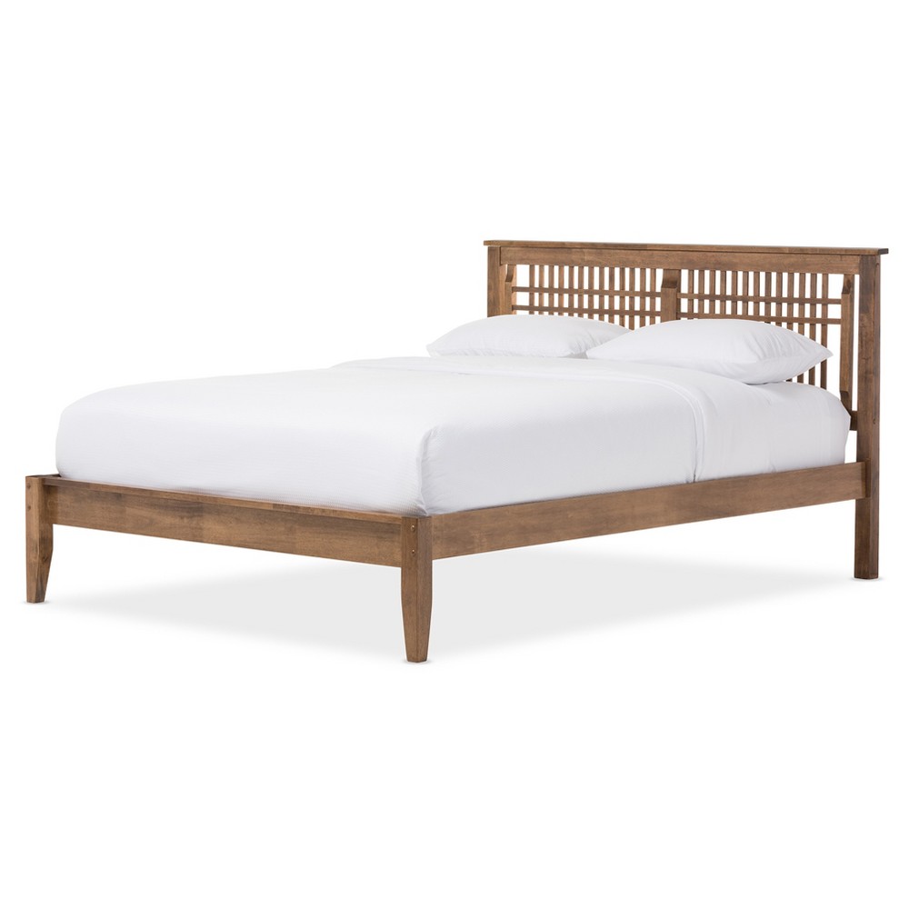 Photos - Bed Queen Loafey Mid-Century Modern Solid Wood Platform  - Baxton Studio: Rubberwood, No Box Spring Required