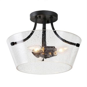 LNC Lapps 3-Lights 13-in Matte Black and Seeded Glass Traditional Drum LED Flush Mount Lightsing - 1 of 4